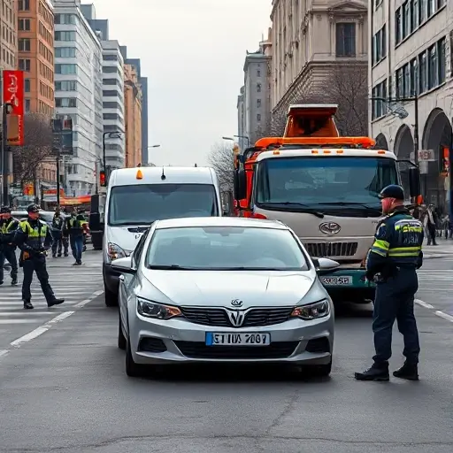 A tow truck (evakuator) in Moscow pulling a broken-down car on a city street, with GIBDD traffic police officers in uniform nearby, all depicted without any text, letters, or digits, focusing on the vehicle, the tow truck, the police officers, and the urban Moscow backdrop.