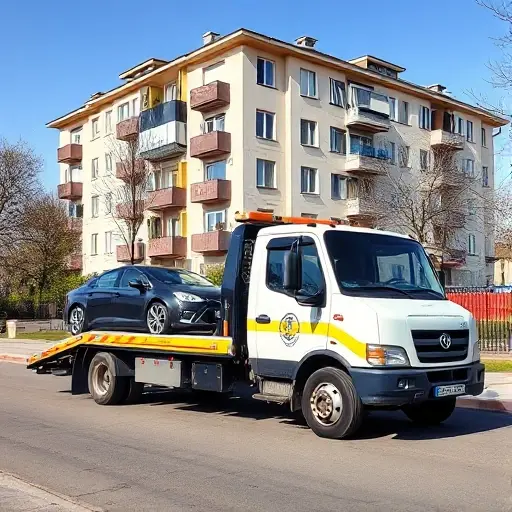 Эвакуатор Восточной Москвы: Недорого и Надежно A reliable tow truck operating in the eastern part of Moscow, parked near a recognizable residential building with typical Moscow architecture, under a clear daytime sky. The scene shows the tow truck with a professional driver, a vehicle being towed, and subtle hints of affordability such as a modest but clean appearance. No text, logos, or signage are present.