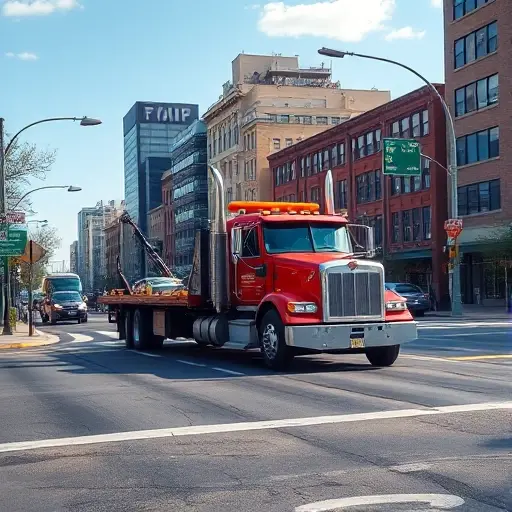 Эвакуатор на 7-й Радиальной улице: Полное руководство A realistic scene of a tow truck on a city street, positioned on a road named 7th Radial Street, with surrounding urban buildings, streetlights, and a clear sky. The tow truck is the focal point, showing its hook and a vehicle being towed, without any text, logos, or people.