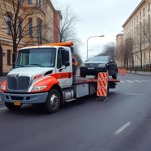 A tow truck parked on a Moscow street in the Krasnoselsky district, towing a vehicle with safety barriers and signage, a driver wearing a reflective vest, set in a calm urban environment