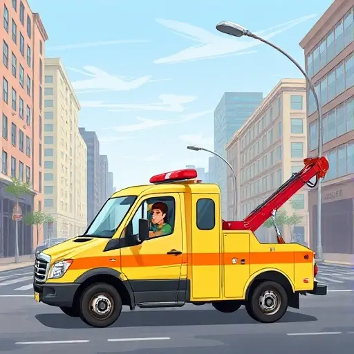 A realistic small-scale high-quality illustration of a tow truck (evacuator) parked on a city street called Alley of Pilots, with the driver communicating with an operator via a phone, urban buildings and a clear sky in the background, no visible text, letters, or numbers