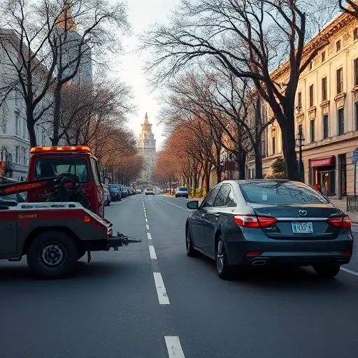 A realistic scene of a car being towed by a tow truck on a wide, tree-lined boulevard called Alley of Friendship of Peoples, with city buildings in the background and a calm atmosphere, showing the tow truck's hook lifting the car, no text or signage visible