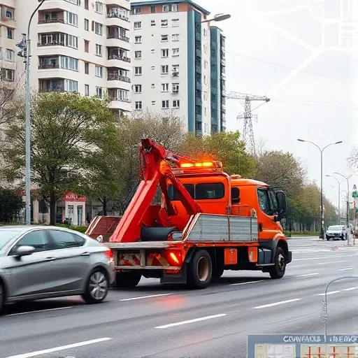 A realistic city street scene in Moscow's South-Eastern district, showing a tow truck with a hook and lights, parked beside a car on the road. The background features typical Moscow apartment buildings, trees, and a hint of a city map layout with roads and blocks, all without any visible text, letters, or numbers. The atmosphere conveys affordability and proximity, with a clear focus on the tow truck and the urban environment.