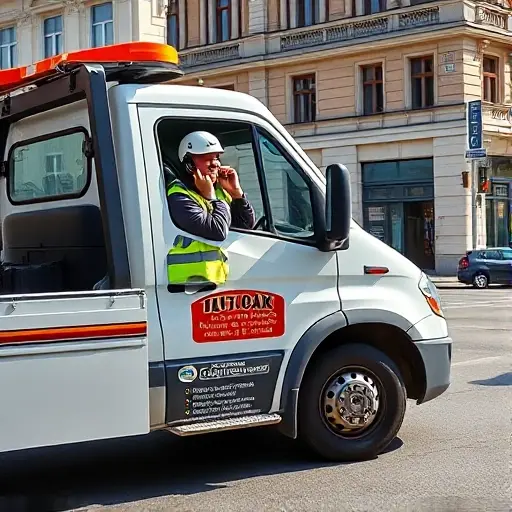 A professional tow truck driver in a modern, clean tow truck parked on a Moscow street, wearing a reflective safety vest and helmet, with the driver holding a phone to their ear, indicating a callback service. The scene includes recognizable Moscow architecture in the background, such as a classic building facade and street signs, but without any visible text or logos. The atmosphere conveys safety and reliability, with bright daylight and clear skies.