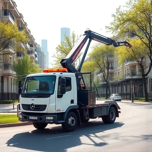 A modern tow truck equipped with a hydraulic manipulator arm, positioned on a city street in the south‑west district of Moscow. The scene shows the truck with its boom extended, ready to lift a small car, with typical Moscow architecture in the background – low‑rise residential buildings, tree‑lined sidewalks, and a hint of the Moscow skyline. The lighting is bright daylight, and the focus is on the vehicle and its equipment, without any text or signage.