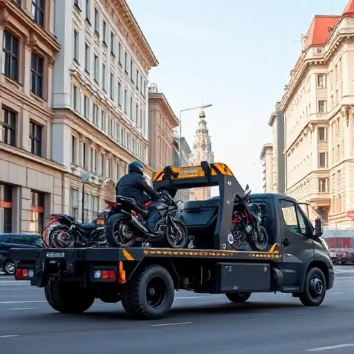 A modern tow truck designed for motorcycles and special equipment, positioned on a Moscow city street with recognizable architecture, carrying a motorcycle on its platform and a piece of specialized machinery nearby, realistic lighting, clear sky, no text or logos