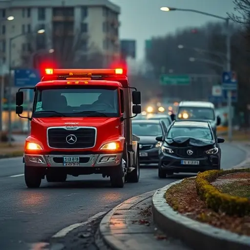 A realistic scene of a tow truck parked at a roadside accident in a city resembling Rostov, with a damaged car on the side, emergency lights flashing, and a subtle urban background of buildings and street signs blurred to avoid legible text. The focus is on the tow truck and the wrecked vehicle, conveying a sense of a traffic incident and recovery operation.