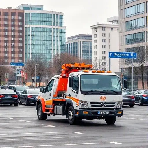A realistic scene of a tow truck operating in a Moscow parking lot, with typical Russian city architecture in the background, featuring modern buildings, street signs in Cyrillic, and a busy urban atmosphere, but without any visible text or logos on the vehicles