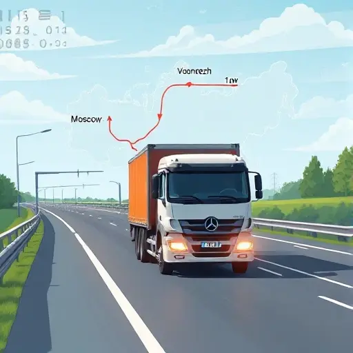 A realistic illustration of a tow truck driving on a highway that connects Voronezh and Moscow, with a subtle map outline of Russia in the background highlighting the route, and visual cues suggesting cost such as faint currency symbols or a calculator overlay, rendered in the smallHQ style