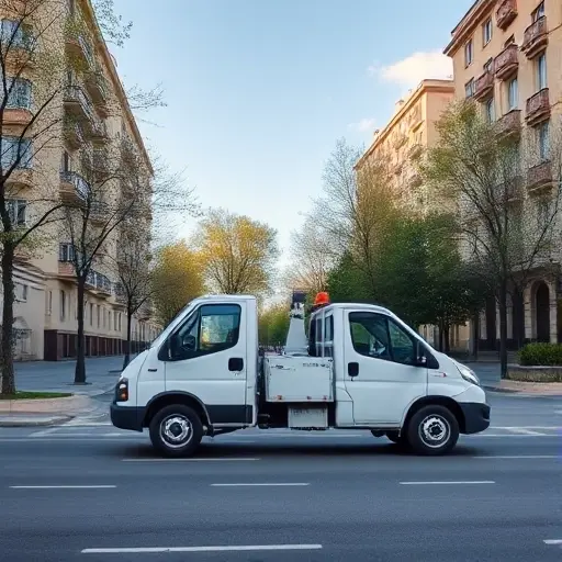 Эвакуатор Москва: Недорогой Вызов в СЗАО – Полный План Статьи A realistic scene of a compact tow truck parked on a quiet street in the North-West district of Moscow, with typical Soviet-era apartment buildings and tree-lined sidewalks in the background, under a clear sky. The tow truck should have a simple, clean design without any visible branding, logos, or text. The atmosphere is calm and professional, emphasizing affordability and reliability.