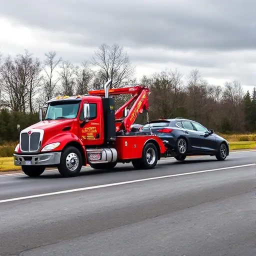 A tow truck pulling a car on a road, with a visible price tag or discount symbol indicating cost savings, no text, no letters, no digits, no logos, no people, no background clutter