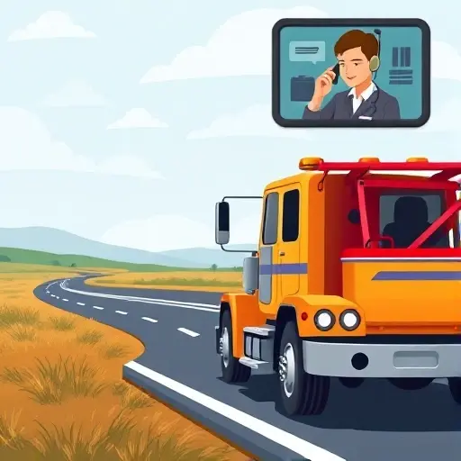 depict a tow truck parked on a roadside with a dispatcher in a call center listening to a phone call, showing the tow truck and dispatcher in a realistic setting, no text or lettering in the image