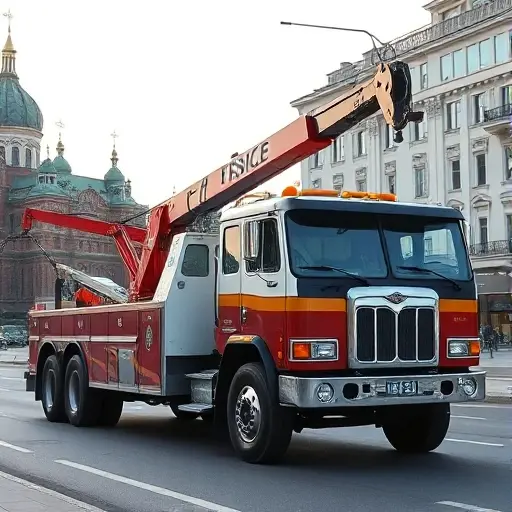 A realistic scene of a heavy-duty tow truck equipped with a hydraulic manipulator arm parked on a Moscow street, with recognizable Russian architecture such as the Kremlin dome and typical city buildings in the background. The truck is illuminated by soft daylight, showing details of the vehicle and the manipulator arm, while the street is clean and urban, conveying a professional service atmosphere.