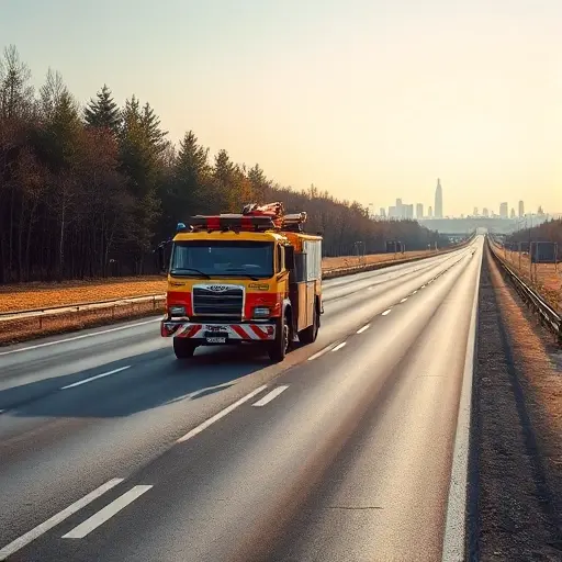 A realistic scene of a tow truck (evacuator) driving on Dmitrovskoye Highway near Moscow, with the highway stretching into the distance, surrounding trees and a hint of the Moscow skyline in the background, under a clear sky. The tow truck should be the focal point, showing its ladder and equipment, with road markings and a few roadside details, but no text or signage.