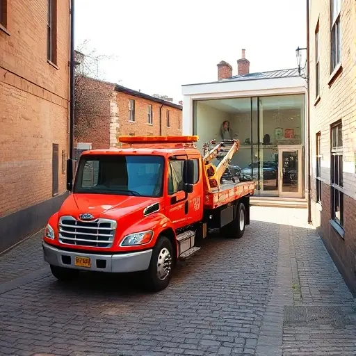 A tow truck parked on a narrow, cobblestone street called Ambulatory Lane, with a small, modern dispatch office building in the background. The dispatch office has a large glass window showing a busy interior with a dispatcher holding a headset and looking at a computer screen. The scene is daytime with soft natural lighting, showing the tow truck's bright paint and a few scattered cars in the lane. The overall composition should emphasize the relationship between the tow truck and the telephone dispatch service, with a clear, unobstructed view of both elements.