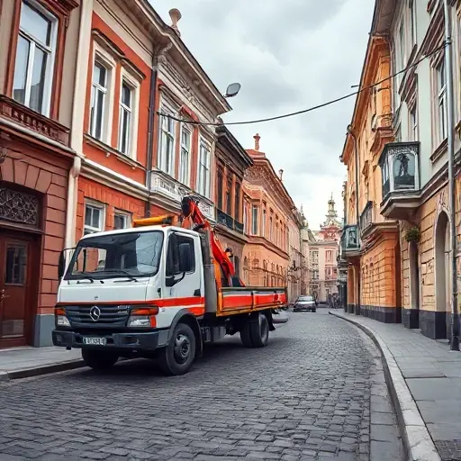 A realistic small-scale illustration of a tow truck parked on a narrow urban street with typical Russian architecture, showing the vehicle's hook and a road with cobblestones under a cloudy sky, no signage or text, focusing on the tow truck and the street environment.