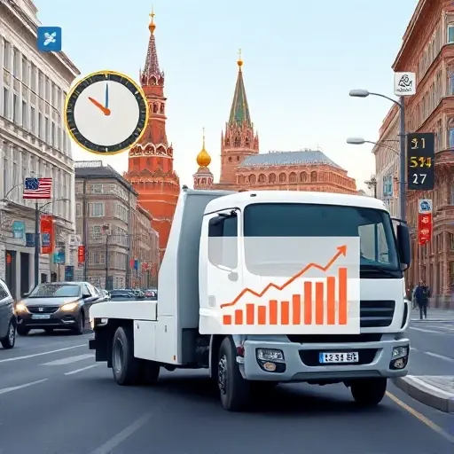 A realistic illustration of a modern tow truck parked on a busy Moscow street, with the iconic Moscow skyline in the background. The scene includes subtle visual cues representing cost factors: a visible clock face indicating time, a distance meter, a fuel gauge, and a small stylized chart overlaying the truck, all depicted without any text, letters, or digits.