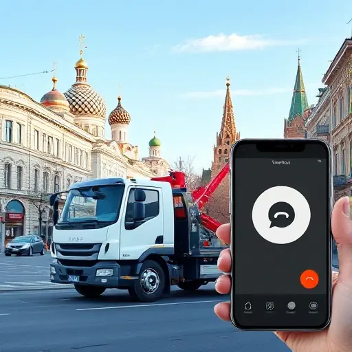 A realistic illustration of a modern tow truck parked on a Moscow street in the Basmanny district, with iconic Moscow architecture in the background, a clear blue sky, and a phone in the foreground showing a call interface, all depicted without any text or lettering.