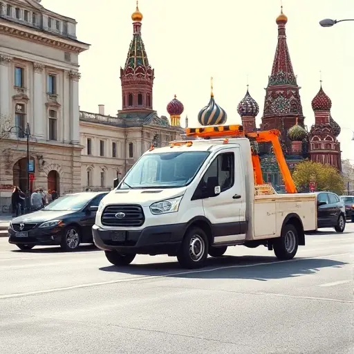 Эвакуатор в Центре Москвы: Недорого и Надежно – Полный План Статьи A realistic scene of a compact tow truck parked on a busy street in central Moscow, with historic buildings such as the Kremlin and St. Basil's Cathedral visible in the background. The truck's hook is attached to a small sedan, under bright daylight, clean streets, conveying reliability and affordability. No text, letters, or digits in the image.