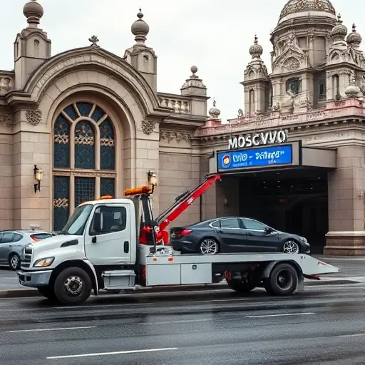 A tow truck parked outside a Moscow metro station, with a car being towed, featuring iconic Moscow metro architecture, no people, no text