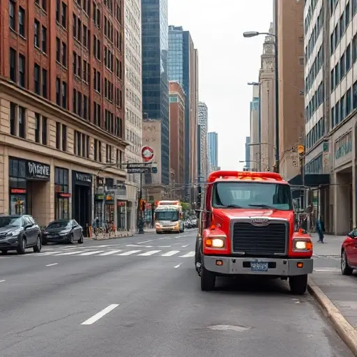 Эвакуатор на 1-й улице Текстильщиков: Полное руководство A realistic city street scene showing a tow truck parked on the curb of a bustling urban avenue named 1st Textile Street, with surrounding buildings, streetlights, and a few parked cars, capturing the atmosphere of a professional towing service in action without any text or signage