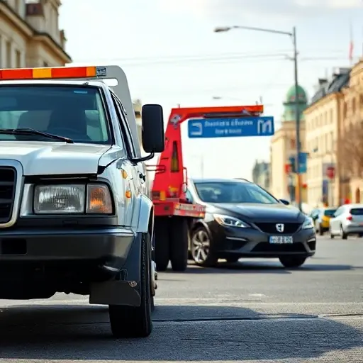 A realistic scene of a tow truck parked on a Moscow street near the viewer, with a damaged car on the side showing visible mechanical issues such as a flat tire and a broken windshield, the background featuring recognizable Moscow architecture and street signs, under a clear sky, focusing on the vehicle and the tow service equipment, no text or logos