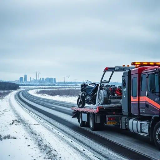 A realistic scene showing a tow truck transporting a motorcycle and specialized equipment on a highway between Moscow and Vologda, with a snowy landscape and distant city silhouettes, emphasizing the service and machinery, no text or logos