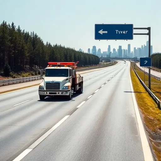 Эвакуатор Тверь-Москва: Полное руководство по стоимости и заказу A realistic scene of a tow truck (without any brand logos) driving on a highway that stretches from a forested area representing Tver to a city skyline representing Moscow, with a subtle road sign indicating direction, under a clear sky. The focus is on the vehicle and the road, conveying a long-distance towing service.