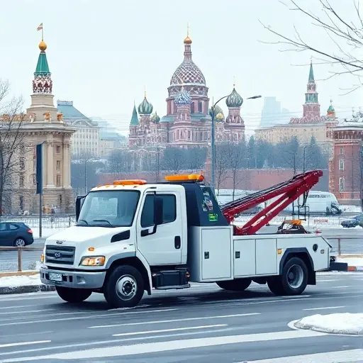 Эвакуатор в Москве недорого: Полное руководство по заказу на ЮВАО A realistic illustration of a modest tow truck parked near a recognizable Moscow skyline with the Kremlin silhouette in the background, city streets and subtle winter atmosphere, the vehicle ready for service, no people, no text