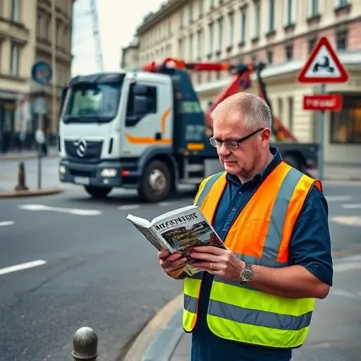 A realistic scene of a tow truck parked on Bitsevsky Passage, with clear road markings and a nearby traffic sign indicating the passage. In the foreground, a professional-looking individual in a reflective vest is holding a guidebook or brochure about choosing a towing company, looking thoughtfully at the truck. The background shows a typical city street with subtle architectural details of the surrounding area. The composition should emphasize the tow truck, the passage, and the guidebook, all in a natural, daylight setting, with no text or lettering visible in the image.