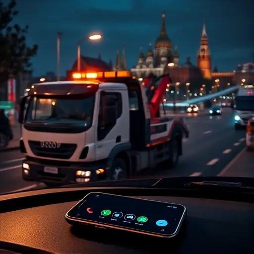 A realistic scene of a modern tow truck parked on a busy Moscow street at night, illuminated by city lights and street lamps. The truck's flashing amber lights are on, and a smartphone lies on the truck's dashboard, showing a generic call screen without visible numbers or text. In the background, recognizable Moscow landmarks such as the Kremlin domes and a river bridge are faintly visible, emphasizing the city setting. The atmosphere conveys 24/7 availability with a subtle glow of neon signs and a sense of readiness to assist.