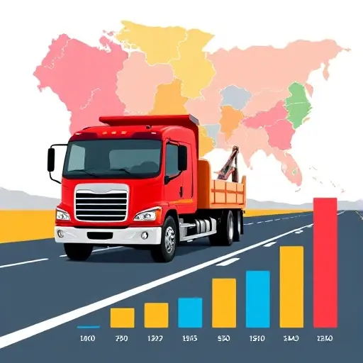 A tow truck on a road with a stylized map of regions in the background, color‑coded regions, a price comparison chart with bars of varying heights, all depicted without any text, letters, or numbers, in a clean, realistic style.