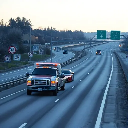 A tow truck pulling a stranded car along a busy highway with a visible ring road and a parallel highway, surrounded by nearby residential houses and trees. The scene shows generic road signs indicating speed limits without any numbers or letters, and a clear sky with soft lighting, emphasizing the proximity of the road to the settlements and the concept of evacuation.