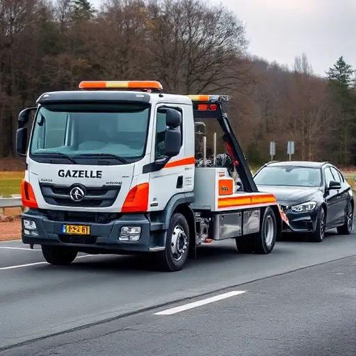 depict a modern Gazelle Next tow truck in action on a road, pulling a stalled car, with visible technical features such as a hydraulic lift, winch, engine, and towing capacity indicators, all shown without any text, letters, or digits