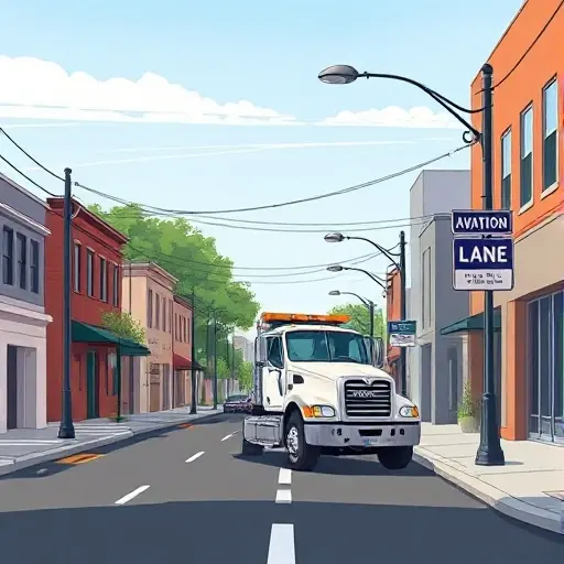 A realistic smallHQ style illustration of a tow truck parked on a narrow urban street named Aviation Lane, with surrounding low-rise buildings, streetlights, and a clear sky, without any visible signage or text