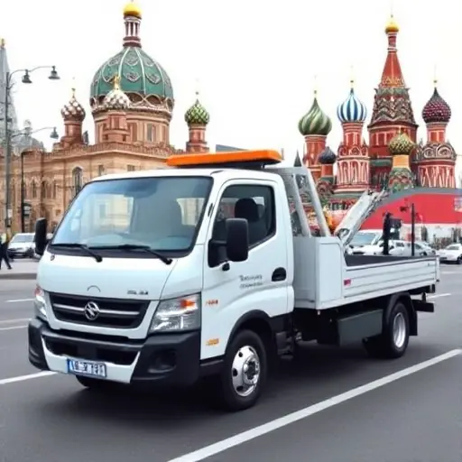аренда эвакуатора без водителя в москве A modern tow truck parked on a Moscow street, with recognizable landmarks such as the Kremlin dome and St. Basil's Cathedral in the background. The truck is empty, emphasizing that it is available for rent without a driver. The scene is bright and realistic, focusing on the vehicle and city atmosphere, with no people or text visible.