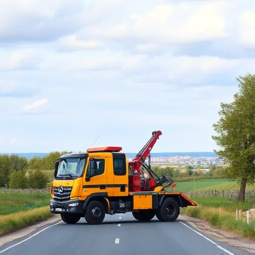A realistic depiction of a tow truck parked on a quiet road in the Nizhny Novgorod region, with the surrounding landscape showing typical Russian countryside scenery, trees, and a distant view of a small town. The vehicle should be a modern tow truck with a hydraulic winch, bright yellow or orange paint, and a visible towing hook. The scene should capture the vehicle in a natural setting without any text or signage.