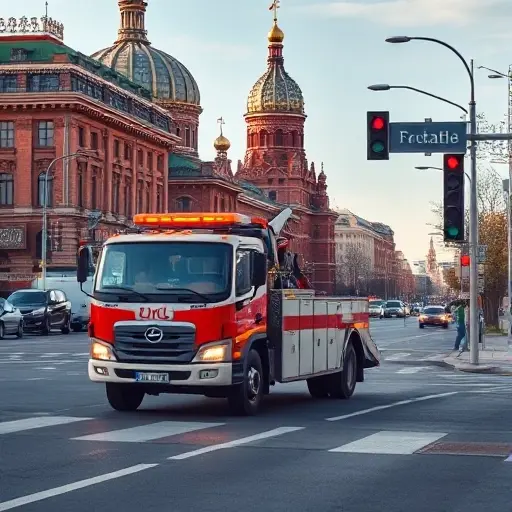 Эвакуатор в Москве: Полное руководство по стоимости и расценкам A realistic scene of a tow truck (evacuator) operating on a Moscow street, with recognizable city elements such as the Kremlin dome, red brick buildings, and traffic lights, under a clear sky; the focus is on the vehicle and the urban environment, without any signage, text, or people