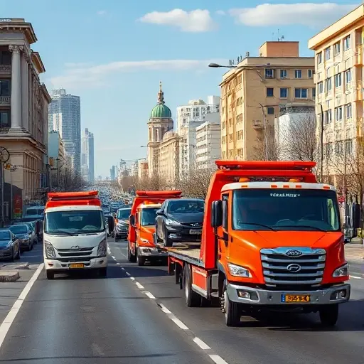 A realistic scene of a busy Eastern Moscow street with several modern tow trucks (evakuators) loading cars onto flatbed trailers, city buildings and recognizable Moscow architecture in the background, clear sky, vibrant but not overly saturated colors, focusing on the reliability and affordability theme without any text or signage.