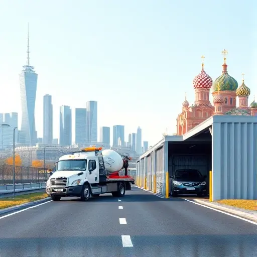 A realistic scene showing a tow truck driving between the skylines of St. Petersburg and Moscow, with the St. Petersburg skyline on the left and the Moscow skyline on the right. In the foreground, a secure storage building with a garage door open, revealing a parked vehicle inside. The sky is clear, and the road connects the two cityscapes, emphasizing the service of transporting and storing vehicles. No text, logos, or people are present.