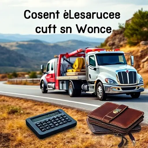 A tow truck pulling a car on a scenic road, with a calculator and a wallet placed beside the truck to symbolize cost savings. The scene should emphasize affordability and practical tips for towing, using warm, inviting colors and a clear, uncluttered composition. No text, letters, or numbers should be visible in the image.