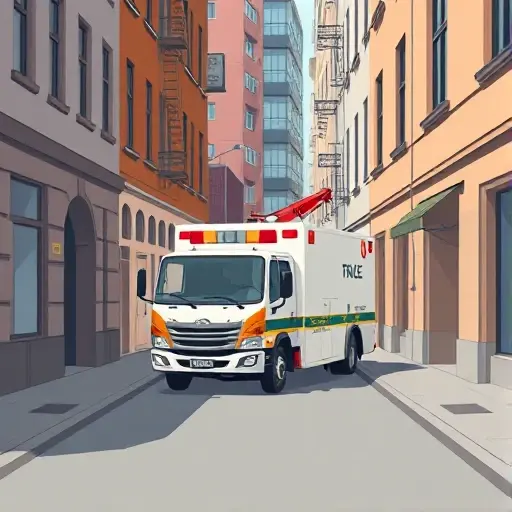 A realistic smallHQ style illustration of a tow truck (evacuator) positioned in the narrow 2nd Golutvinsky Lane, surrounded by typical urban buildings, pavement, and street details, with no people or additional vehicles visible