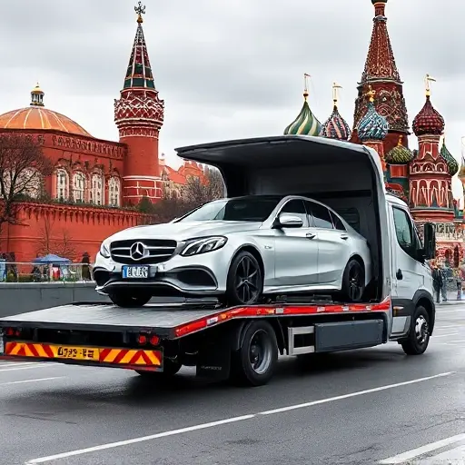 A covered tow truck in Moscow carrying a damaged car, with the Kremlin and St. Basil's Cathedral in the background, highlighting the safety and protection of covered tow trucks
