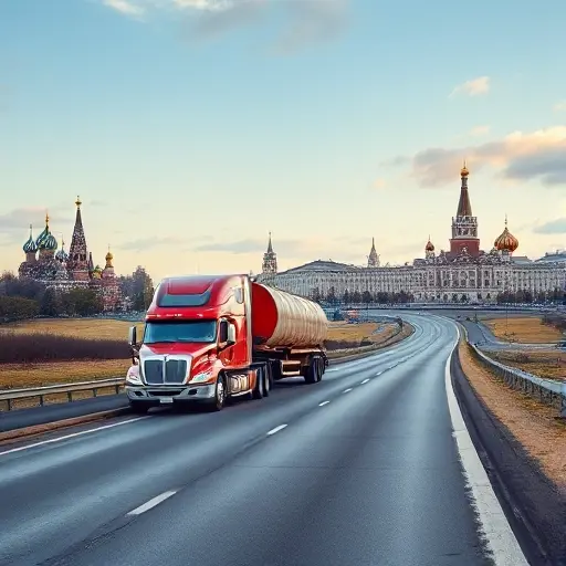 A tow truck on a highway between Moscow and St. Petersburg, with iconic landmarks such as the Kremlin and St. Petersburg's skyline in the background, showing a road stretching across the Russian landscape, no text or logos.