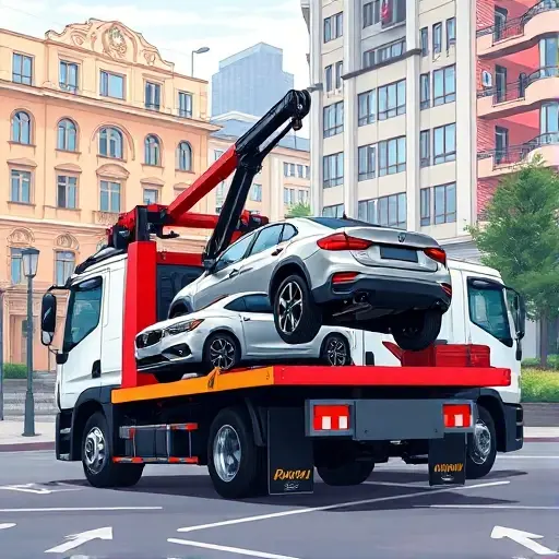 A detailed illustration of a modern tow truck in the southern part of Moscow, positioned on a city street with a fully loaded cargo platform carrying a compact car. The scene shows the tow truck's hydraulic arms engaged, lifting the car onto the platform, with surrounding urban elements such as typical Moscow buildings, street lamps, and a hint of greenery. The perspective is slightly angled to emphasize the vehicle's size and the loading process, rendered in a clean, high‑resolution style.