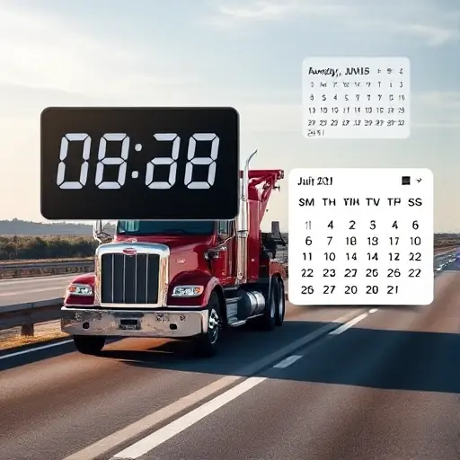 A tow truck parked on a highway with a digital clock and a calendar overlay indicating the time of day and day of week, showing a price tag graphic without any text, letters, or numbers, in a realistic style