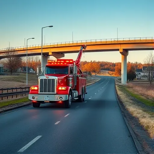 A tow truck positioned on a road in a rural district, with a nearby elevated overpass (turnaround viaduct) under a clear sky, showing the truck's hook and lights, realistic lighting and perspective, focusing on the vehicle and infrastructure without any textual elements