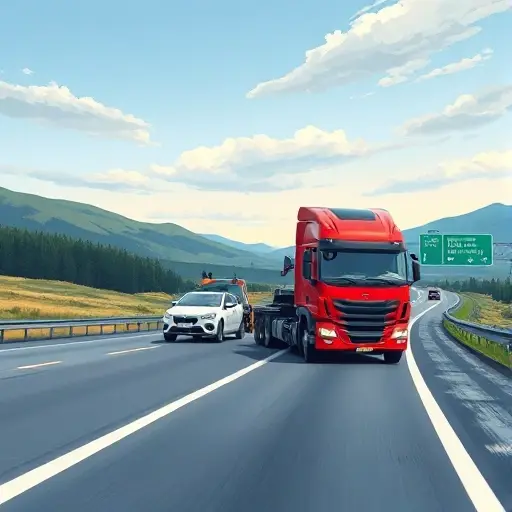A realistic illustration of a modern tow truck traveling along a highway from Luhansk to Moscow, with a scenic Eastern European landscape in the background, a car being towed, and subtle directional signage indicating the route, all rendered in a detailed, high-resolution style.