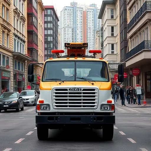 A realistic depiction of a tow truck parked on a bustling city street, with the surrounding architecture of a typical Russian urban area, showing a clear view of the street and the truck's front, no text or signage visible