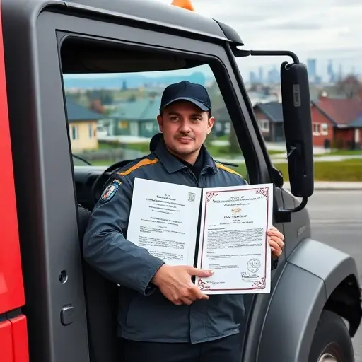 A professional tow truck operating in a suburban area of the Moscow region, with a driver in a uniform holding a folder of official documents and a stamped certificate, set against a backdrop of typical Russian houses and a distant city skyline, emphasizing the presence of proper licensing and paperwork without any visible text or symbols